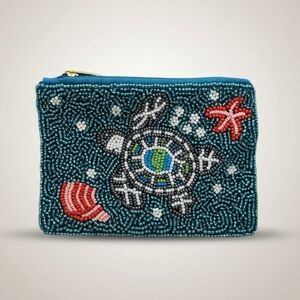 Beaded Sea Turtle Zipper Pouch Coin Purse Coastal Beach Bag